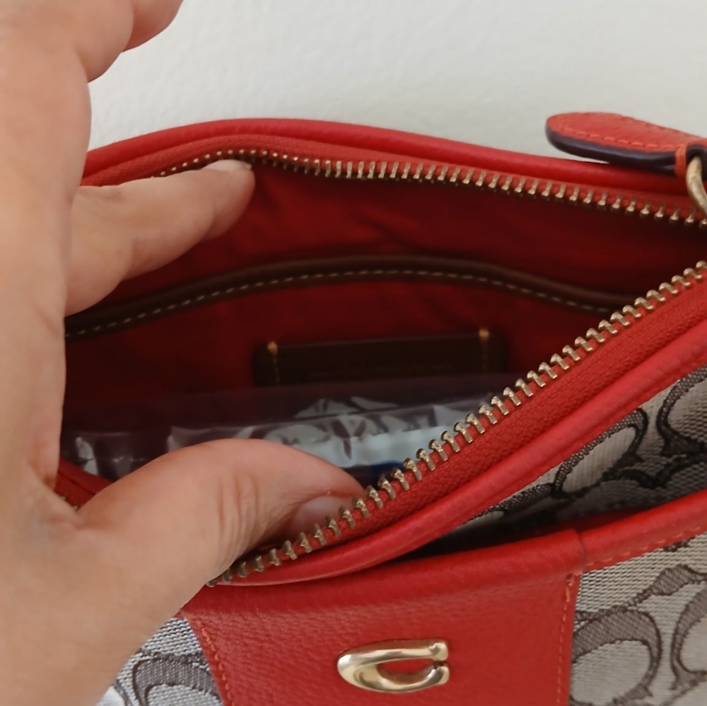 Coach Brown Signature Canvas Crossbody with Red Leather Trim - Picture 2 of 4